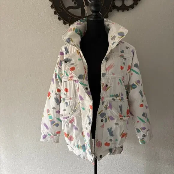 VTG GALLERY Quilted Puffer Jacket Unisex Confetti SzM Retro 90s Disco Y2K Iconic